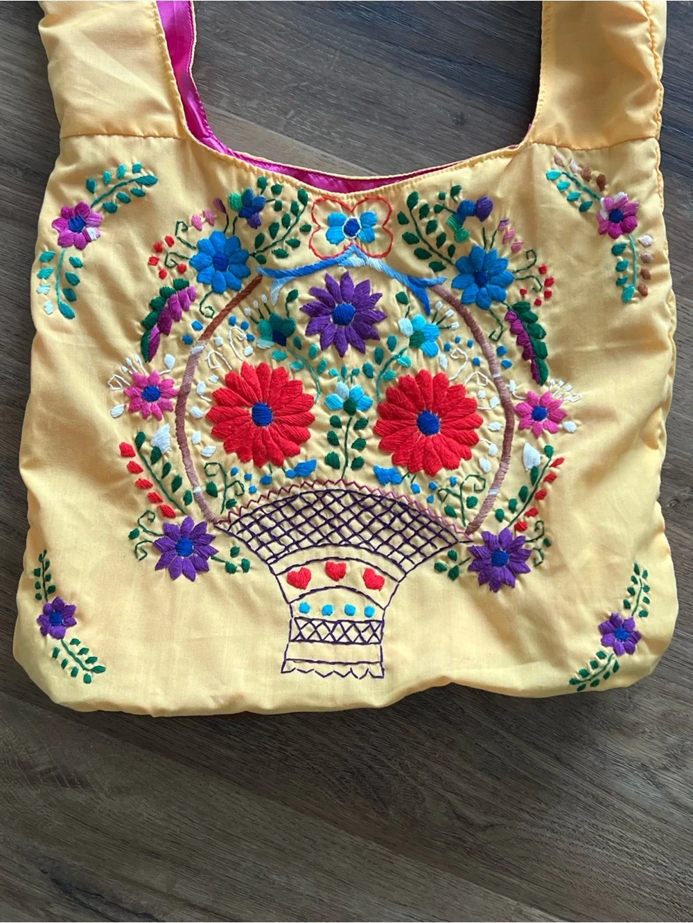 NWOT Handmade Mexican Embroidered Floral Basket Shoulder Bag Yellow Pink